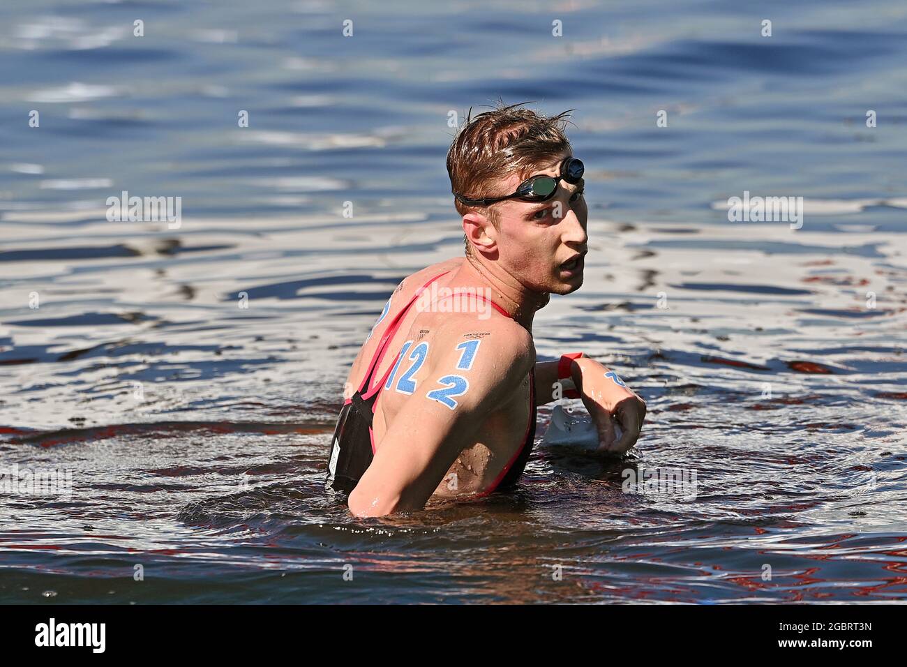 Florian WELLBROCK (GER), at the exhaustion winner winner, champion swimming, open water, long distance swimming, marathon Swimming Men`s 10 km on August 5th, 2021, Marine Park. Olympic Summer Games