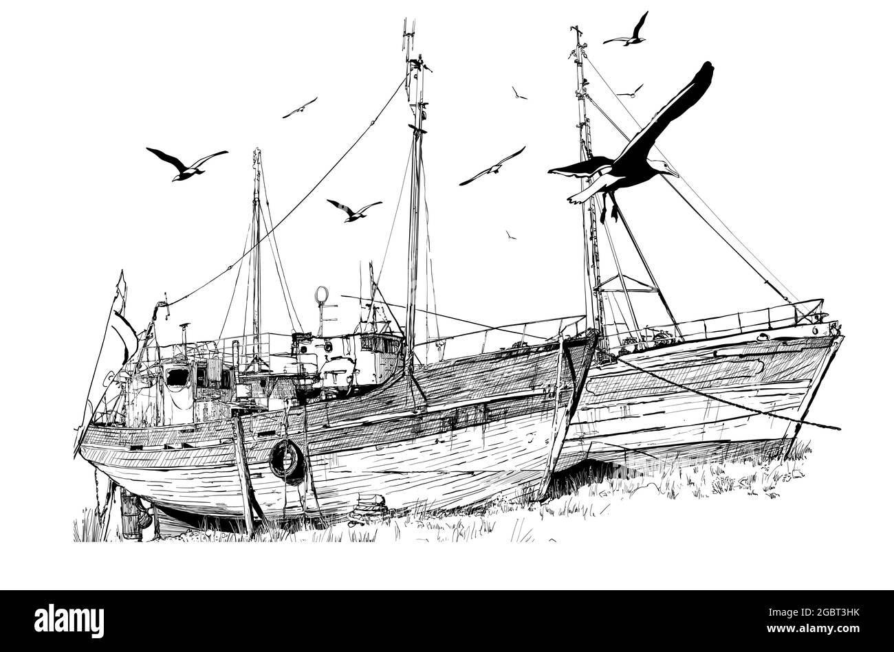 Drawing of two old abandoned fishing boats in low tide, Brittany, France. - vector illustration Stock Vector