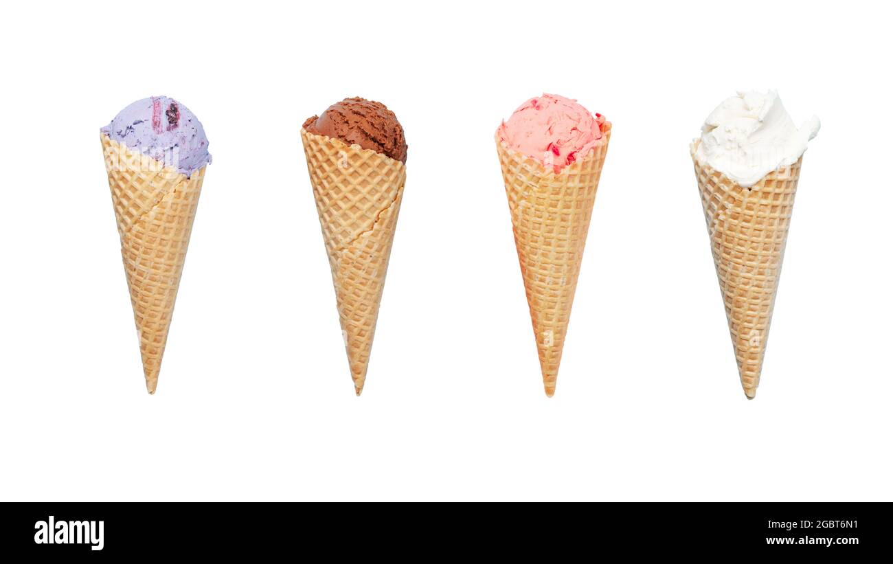 Various ice cream in waffle cone. Isolated on white background Stock ...