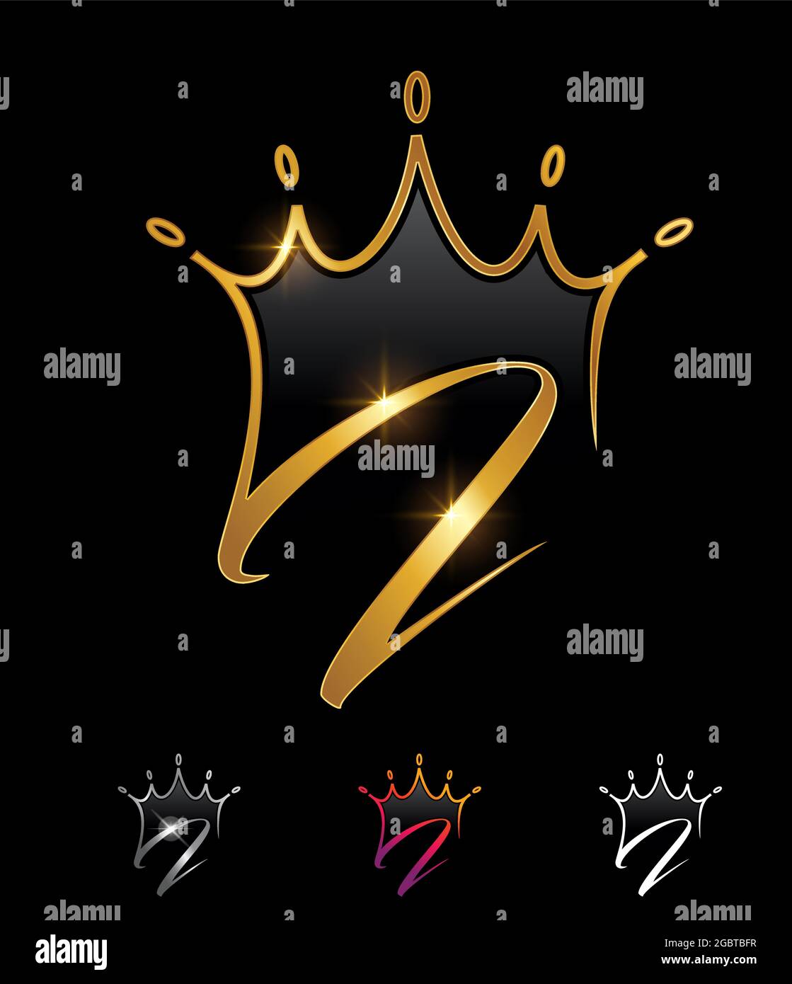 A vector illustration set of Golden Monogram Crown Initial Letter I in black background with gold shine effect Stock Vector