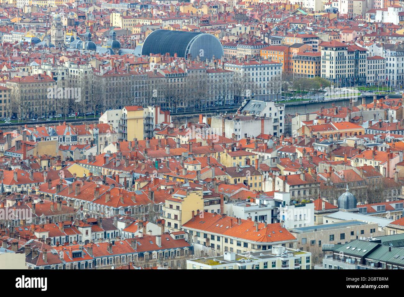 Aerial view of the historical part of the city on a sunny day. Lyon