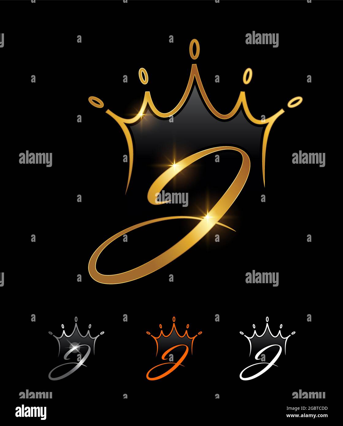 A vector illustration set of Golden Monogram Crown Initial Letter J in black background with gold shine effect Stock Vector
