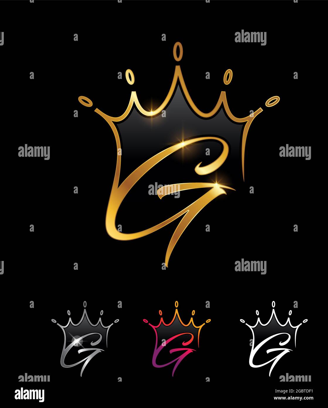 A vector illustration set of Golden Monogram Crown Initial Letter G in black background with gold shine effect Stock Vector