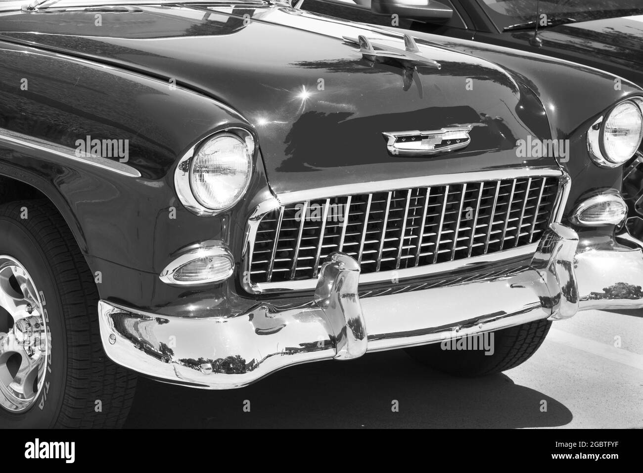 1956 Chevy Belair BW front Stock Photo