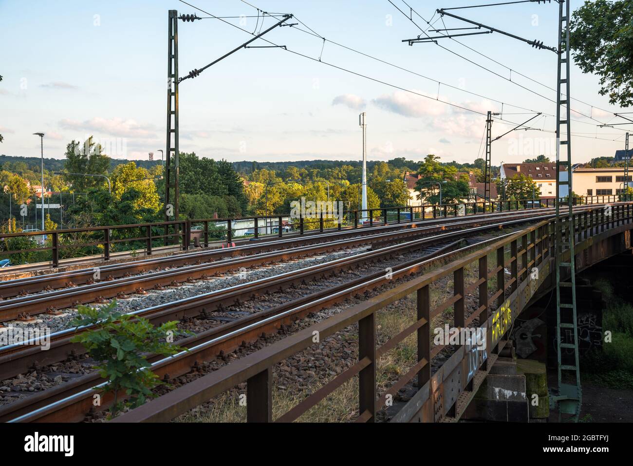 Deserted elevated railway at sunset Stock Photo