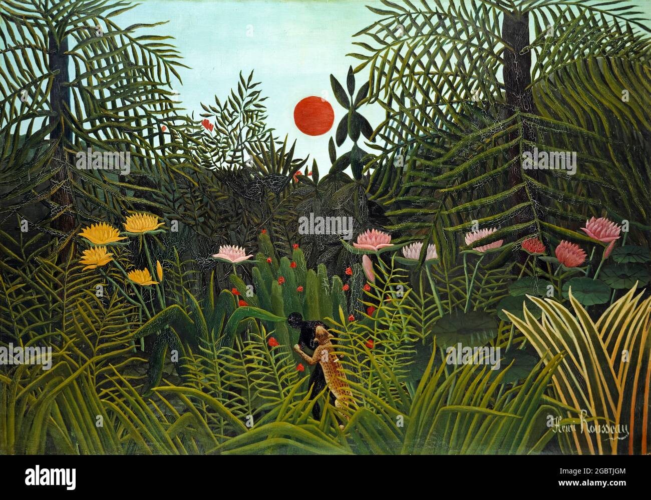Henri Rousseau, Jungle with Setting Sun, landscape painting, circa 1910 Stock Photo