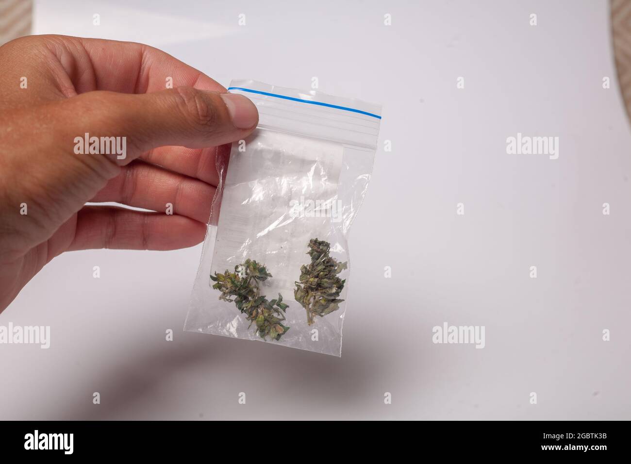 A package of illicit cannabis in hand. Medical marijuana for treatment by prescription. Drug dealer sells marijuana addict. Stock Photo