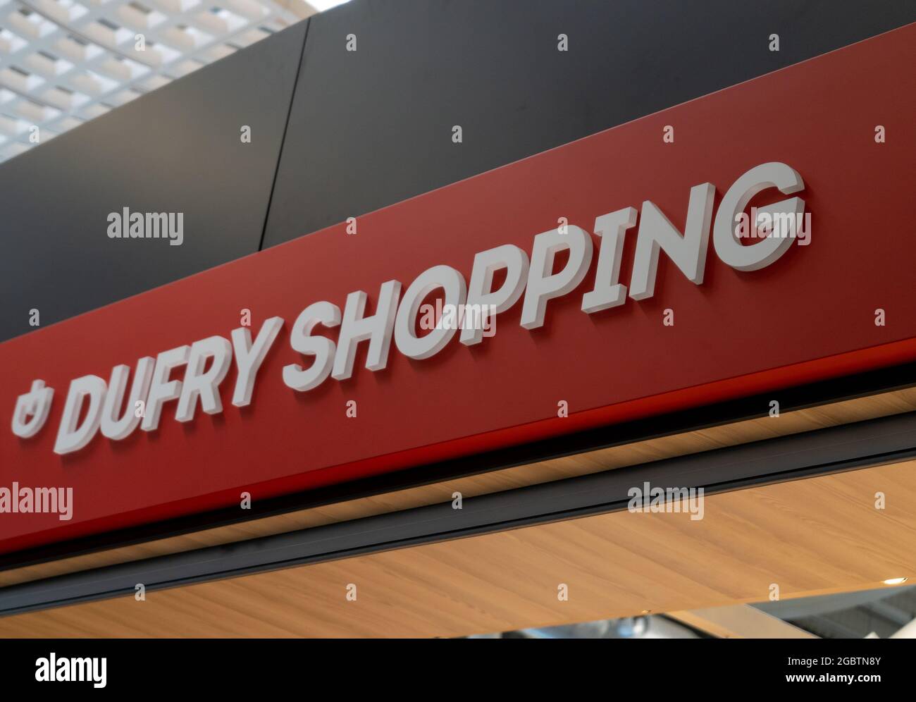Ukraine, Odessa July 16, 2021 Shop sign dufry shopping. Logo. White