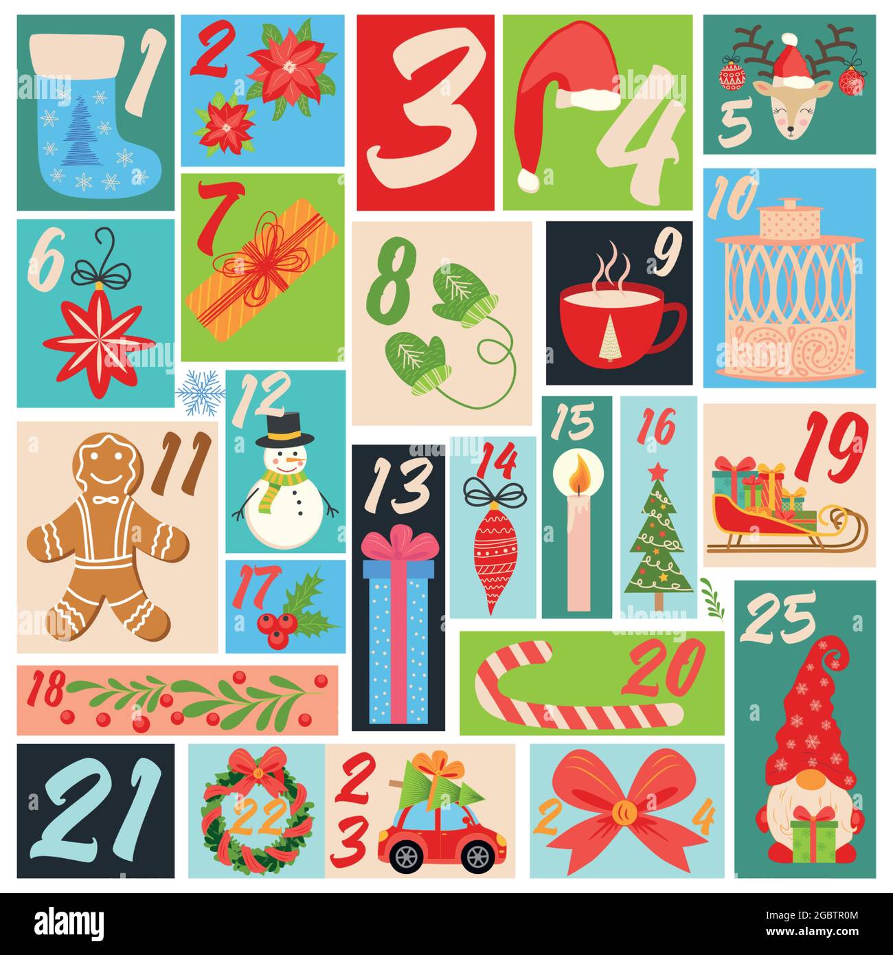 Countdown calendar to Christmas with cartoon characters and symbols. Birds,  Gnome, Santa Claus hat, gift, postcard, animals, sweets, mitten, socks. Ch  Stock Vector Image & Art - Alamy