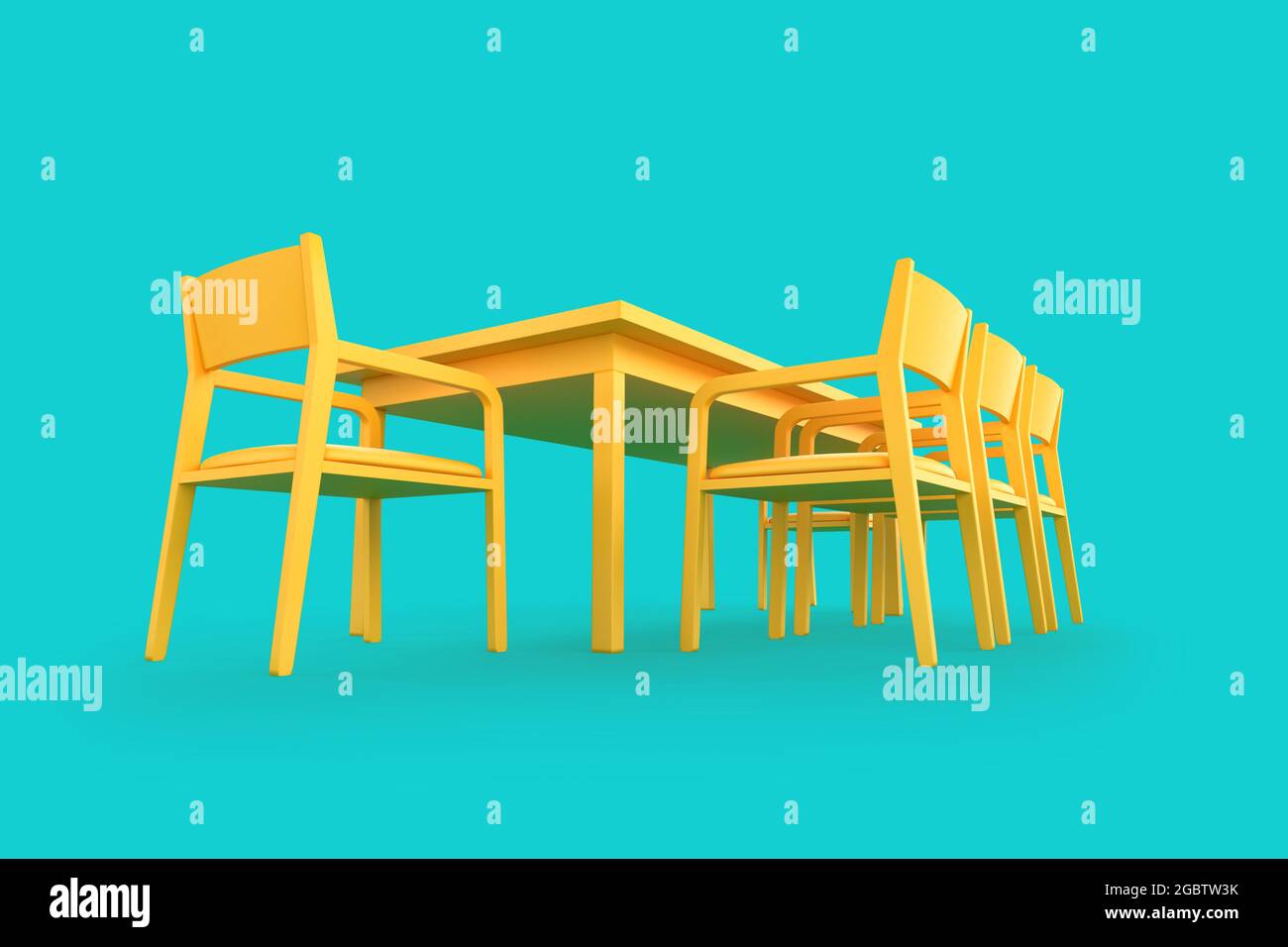 Minimalistic yellow dining table and set of chairs over teal background