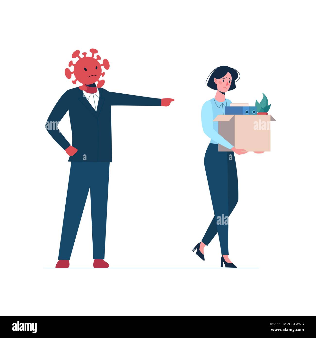 Angry coronavirus leaves a person without work. Fired woman leaves the office with a box in her hands. Job loss due to the Covid-19 virus, economic downturn. Vector flat Dismissed worker, unemployment. Stock Vector
