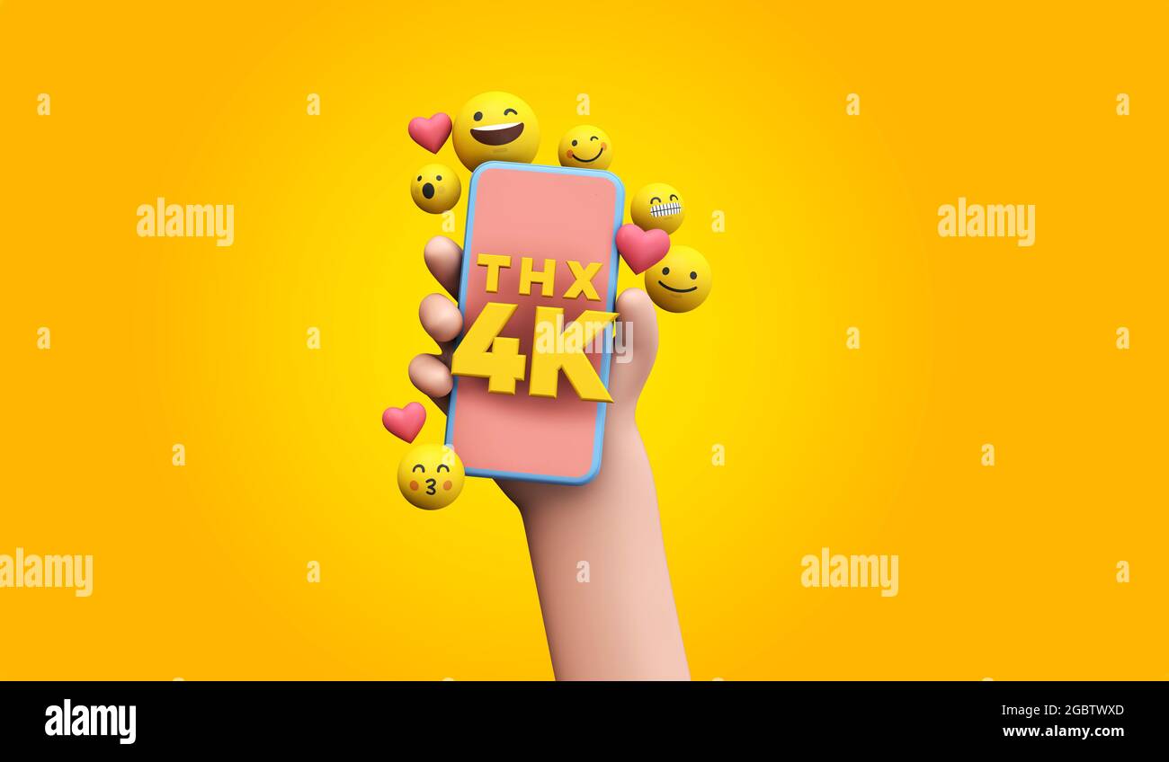 Thanks 4k social media supporters. cartoon hand and smartphone. 3D Render. Stock Photo