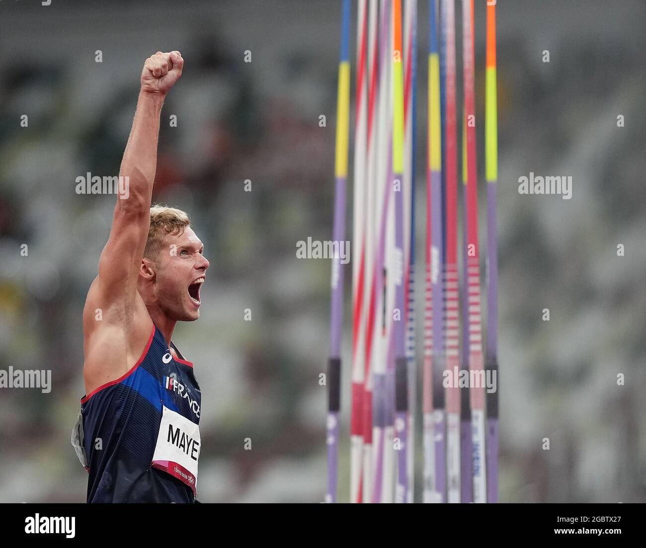 Tokyo, Japan. 5th Aug, 2021. Kevin Mayer of France reacts during the Men's Decathlon Javelin Throw at the Tokyo 2020 Olympic Games in Tokyo, Japan, Aug. 5, 2021. Credit: Li Yibo/Xinhua/Alamy Live News Stock Photo