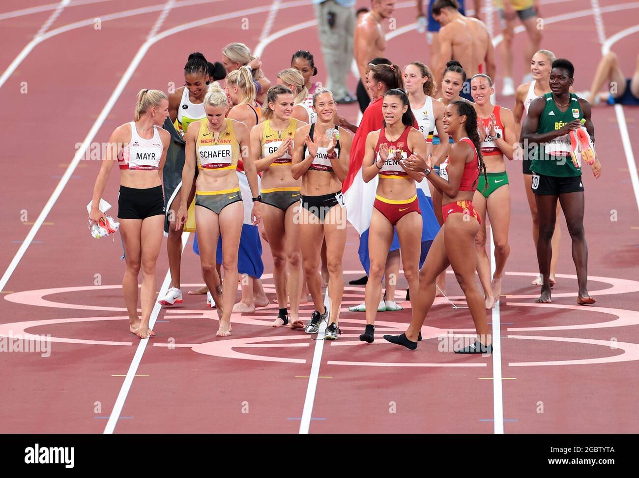 Tokyo, Japan. 5th Aug, 2021. Athletes react after the women's heptathlon at Tokyo 2020 Olympic Games, in Tokyo, Japan, Aug. 5, 2021. Credit: Li Gang/Xinhua/Alamy Live News Stock Photo