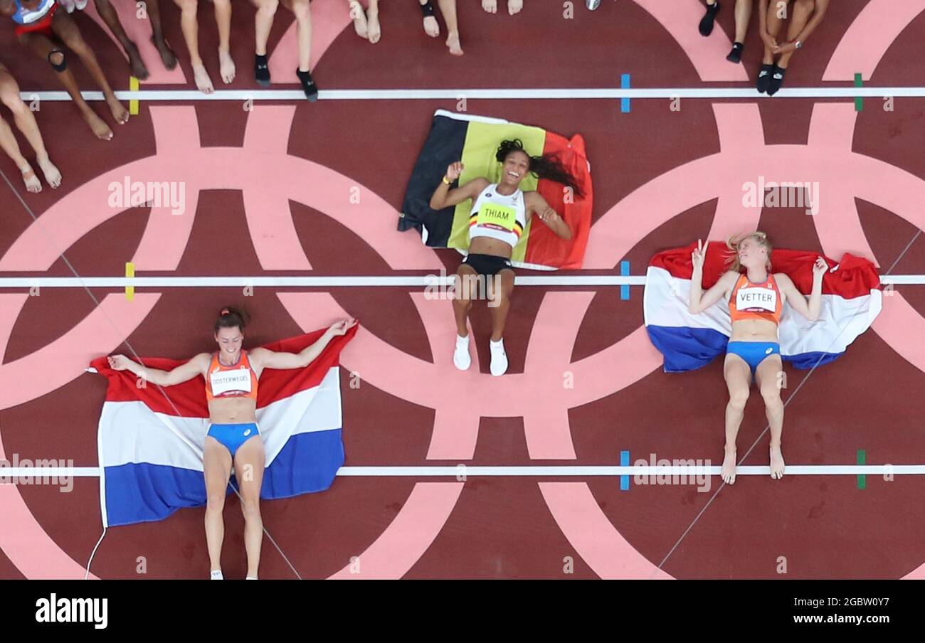 Tokyo, Japan. 5th Aug, 2021. Nafissatou Thiam (C) of Belgium, Emma ...