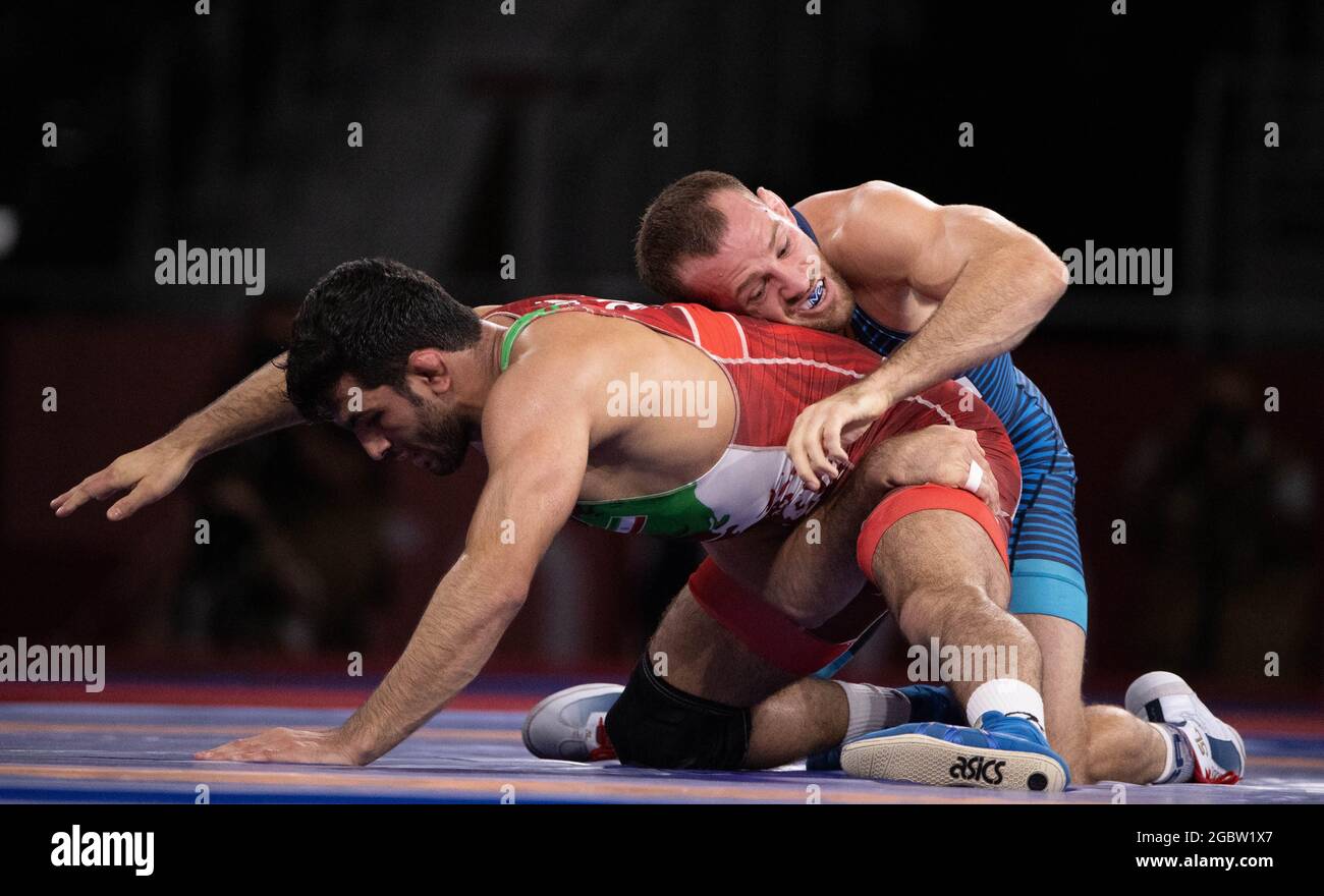 Tokyo, Kanto, Japan. 5th Aug, 2021. David Morris Taylor III (USA) and Hassan Yazdanicharati (IRI) competes in the Men's Freestyle 86kg Wrestling during the Tokyo 2020 Olympics at the Makuhari Messe Hall A on Thursday, August 5, 2021 in Tokyo. David Morris Taylor III (USA) won the gold medal defeating Yazdanicharati. (Credit Image: © Paul Kitagaki Jr./ZUMA Press Wire) Stock Photo