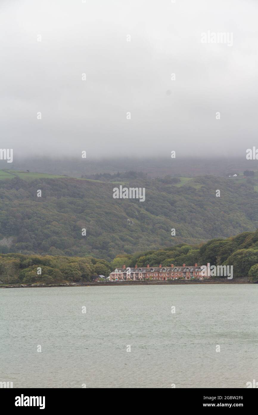 View over the Mawddach Estuary in poor weather. Barmouth, Gwynedd, North Wales, UK, portrait, copyspace at top Stock Photo