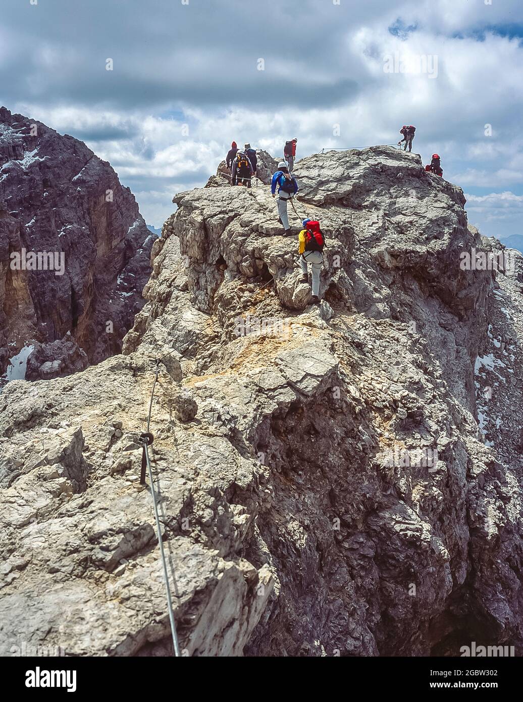 This is the Via Ferrata protected climbing path on Monte Cristallo near Cortina  d'Ampezzo in the Italian Dolomites of the Alto Adige. The mountain was part  of the Italian Front Line defence