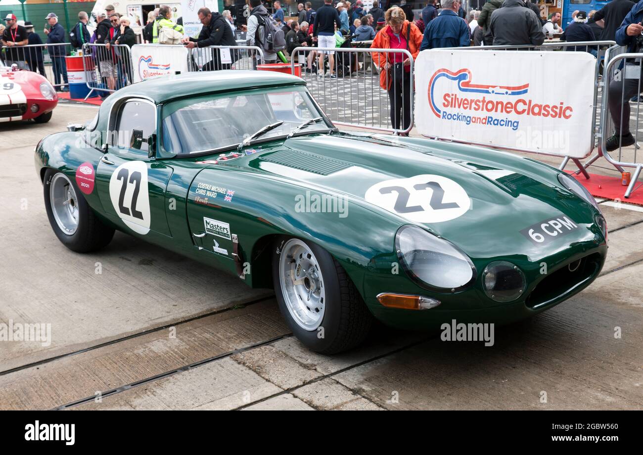 Costas Michael and Chris Wards  Jaguar E-Type  in the International Paddock before the start of the International Trophy For Classic Pre-66 GT Cars Stock Photo