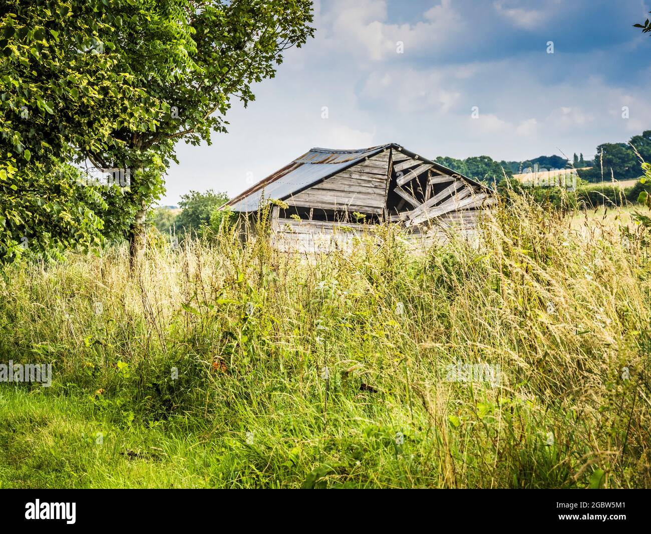 A dilapidated barn on the edge of a field. Stock Photo