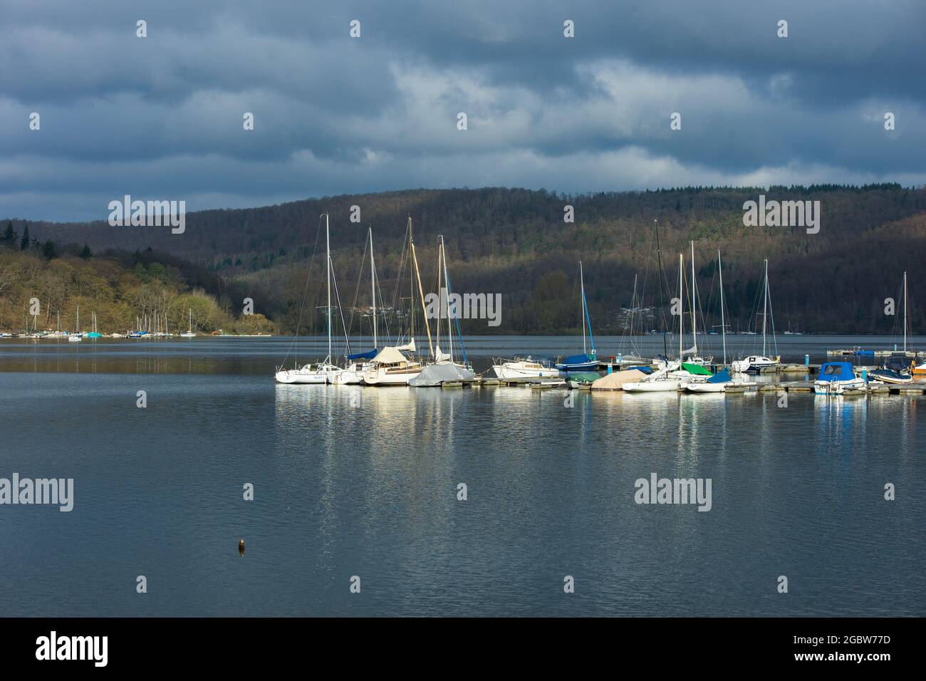 View to the german lake called Edersee with sailing boats Stock Photo