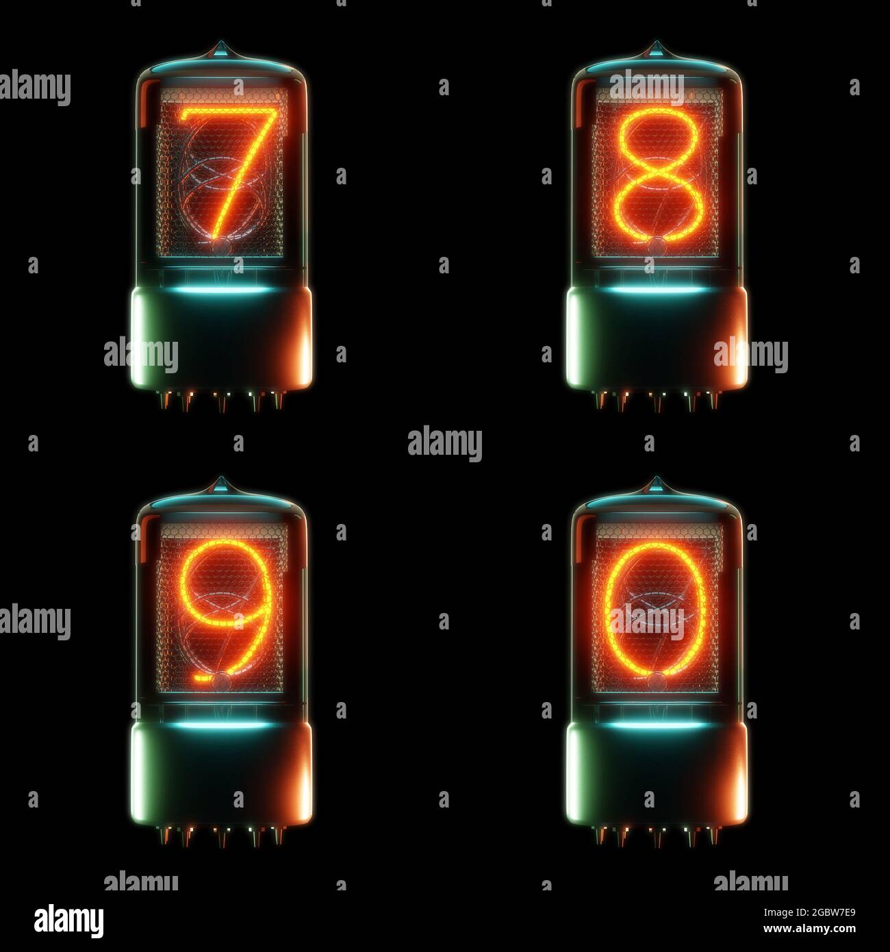 3d rendering of cold cathode tube alphabet - digits 7-0 Stock Photo