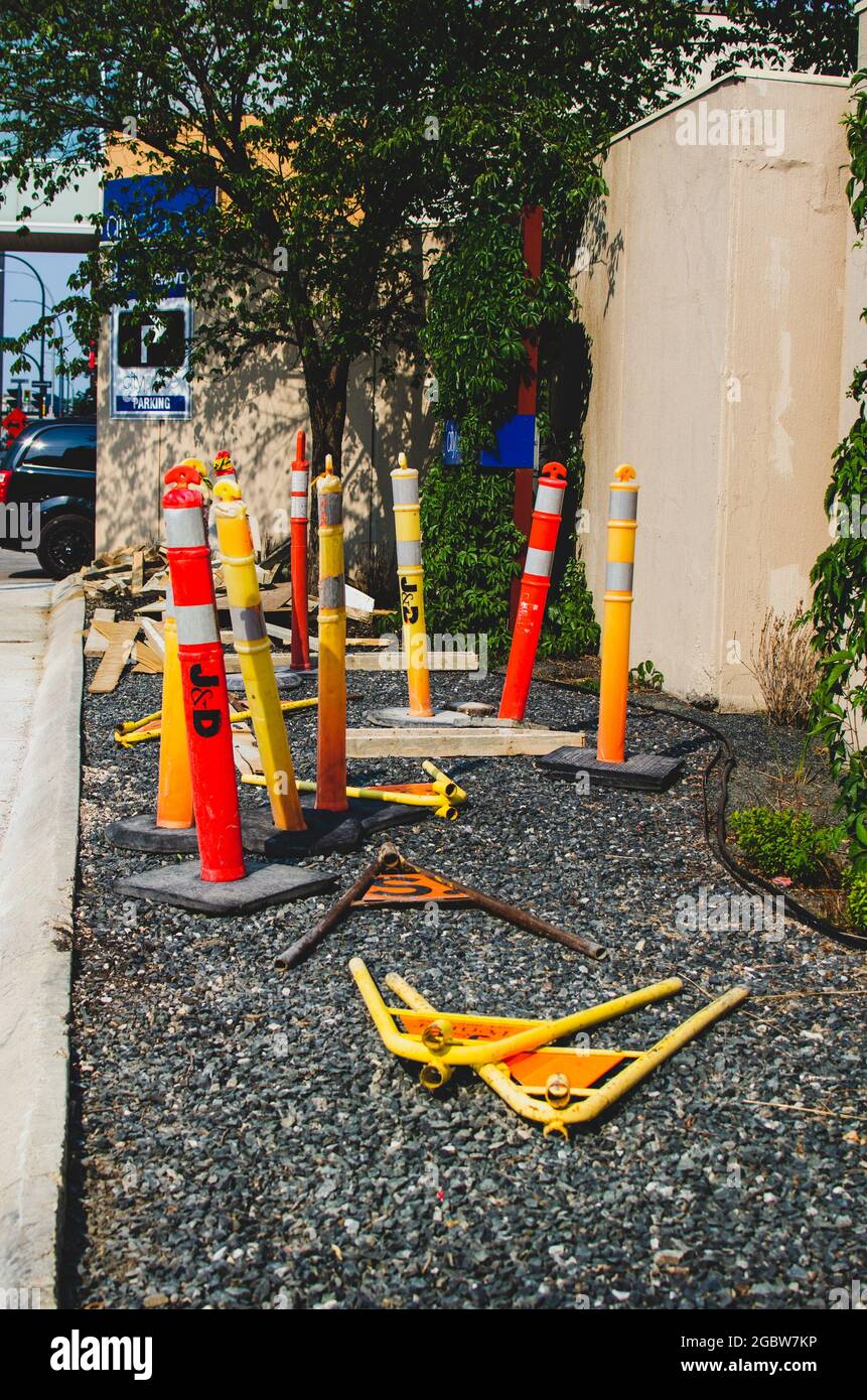discarded traffic pylons in downtown Winnipeg, Manitoba, Canada Stock Photo