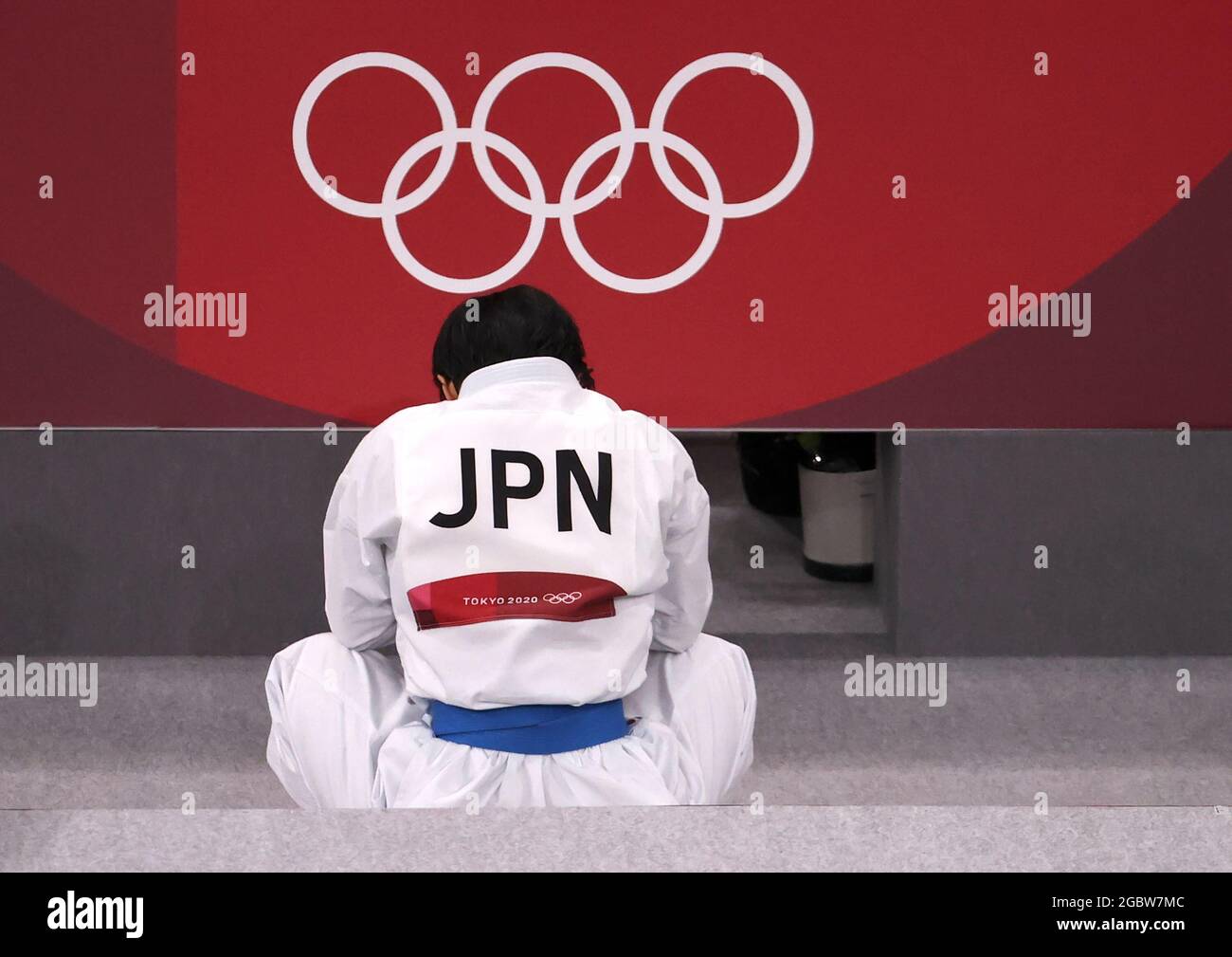 Dongjing, Japan. 5th Aug, 2021. Shimizu Kiyou of Japan reacts before the women's kata ranking round of karate at Tokyo 2020 Olympic Games in Tokyo, Japan, Aug 5, 2021. Credit: Cao Can/Xinhua/Alamy Live News Stock Photo