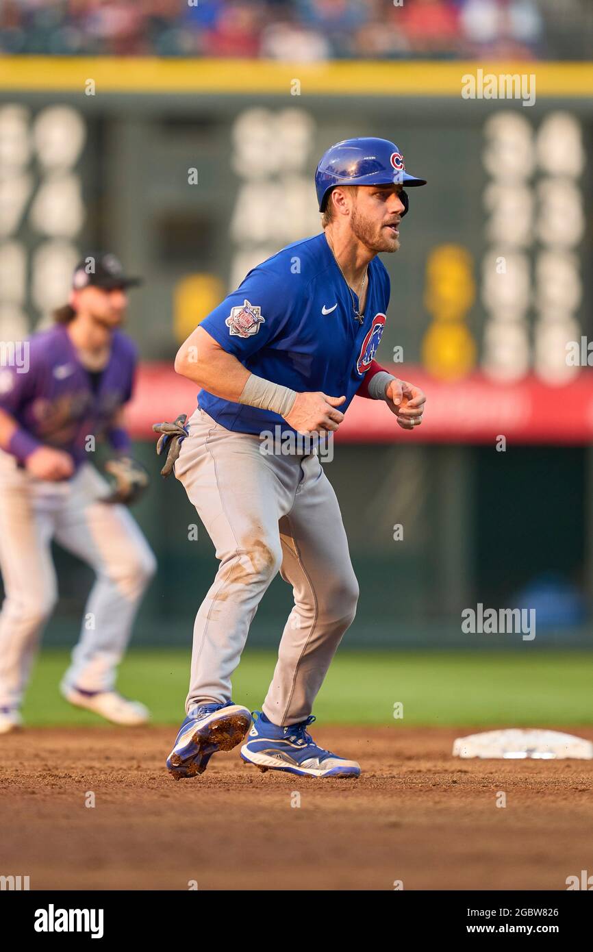 August 4 2021: Chicago Cubs third baseman Patrick Wisdom (16) dances ooff  second during the game with the Chicago Cubs and the Colorado Rockies held  at Coors Field in Denver Co. David