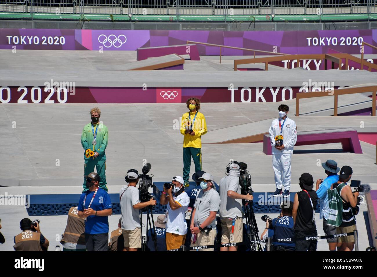 Tokyo, Japan. 05th Aug, 2021. (L-R)Silver Medalist Brazil's Pedro Barros, gold medalist Australia's Keegan Palmer and bronze medalist USA's Cory Juneau attend the Tokyo Olympics Men's Park Skateboarding Medal Ceremony at the Ariake Urban Sports Park in Tokyo, Japan on Thursday, August 5, 2021. Photo by Keizo Mori/UPI Credit: UPI/Alamy Live News Stock Photo