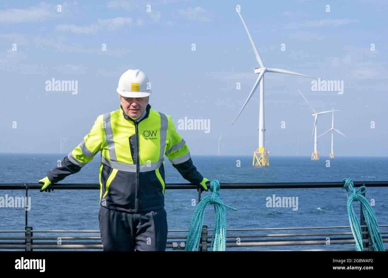 Prime Minister Boris Johnson onboard the Esvagt Alba during a visit to the Moray Offshore Windfarm East, off the Aberdeenshire coast. Picture date: Thursday August 5, 2021. Stock Photo