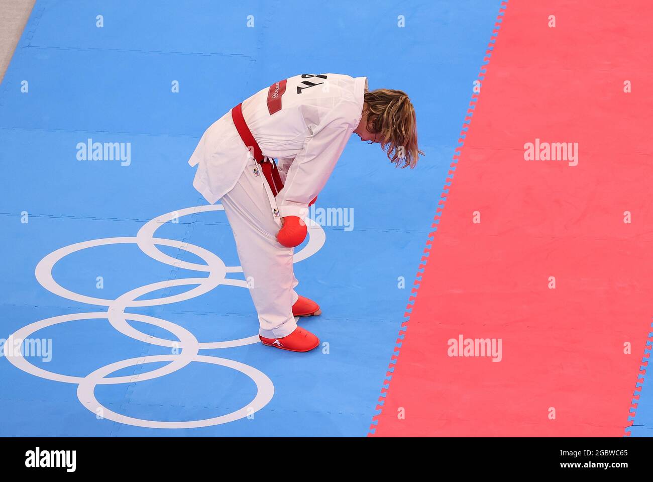 Dongjing, Japan. 5th Aug, 2021. Ivet Goranova of Bulgaria reacts after the women's kumite -55kg final of karate at Tokyo 2020 Olympic Games in Tokyo, Japan, Aug 5, 2021. Credit: Cao Can/Xinhua/Alamy Live News Stock Photo