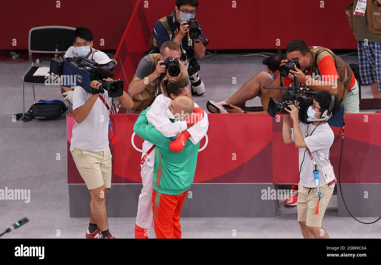Dongjing, Japan. 5th Aug, 2021. Ivet Goranova of Bulgaria celebrates with her coach after the women's kumite -55kg final of karate at Tokyo 2020 Olympic Games in Tokyo, Japan, Aug 5, 2021. Credit: Cao Can/Xinhua/Alamy Live News Stock Photo