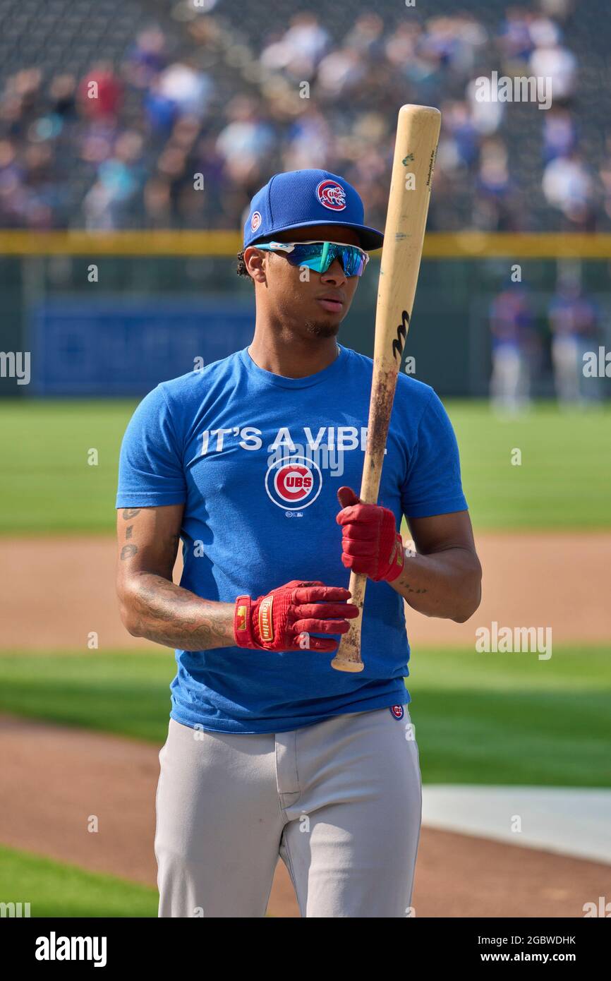 August 4 2021: Chicago Cubs shortstop Sergio Alcantara (51) during batting  practice before the game with the Chicago Cubs and the Colorado Rockies held  at Coors Field in Denver Co. David Seelig/Cal