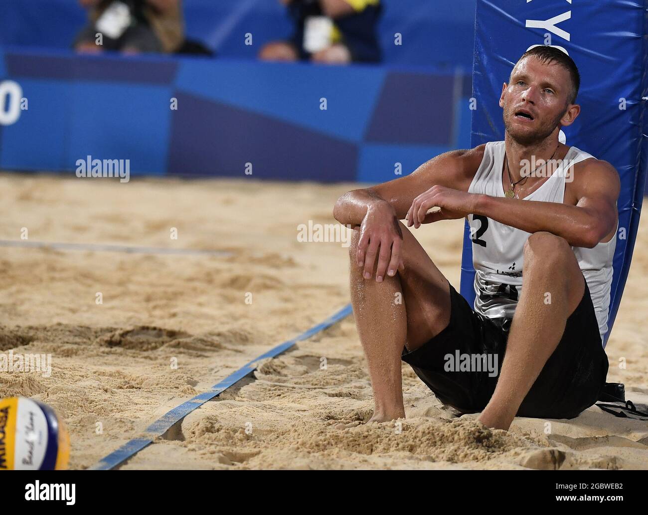 Tokyo, Japan. 5th Aug, 2021. Edgars Tocs of Latvia reacts during the men's beach volleyball semifinal between Anders Berntsen Mol/Christian Sandlie Sorum of Norway and Martins Plavins/Edgars Tocs of Latvia at the Tokyo 2020 Olympic Games in Tokyo, Japan, Aug. 5, 2021. Credit: Li He/Xinhua/Alamy Live News Stock Photo