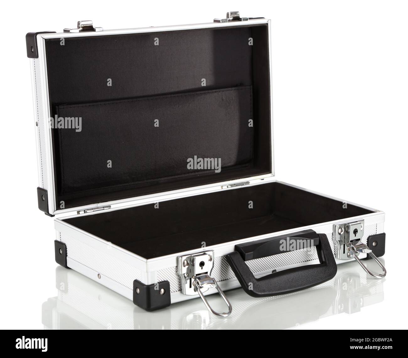 Open silver case isolated on white Stock Photo Alamy