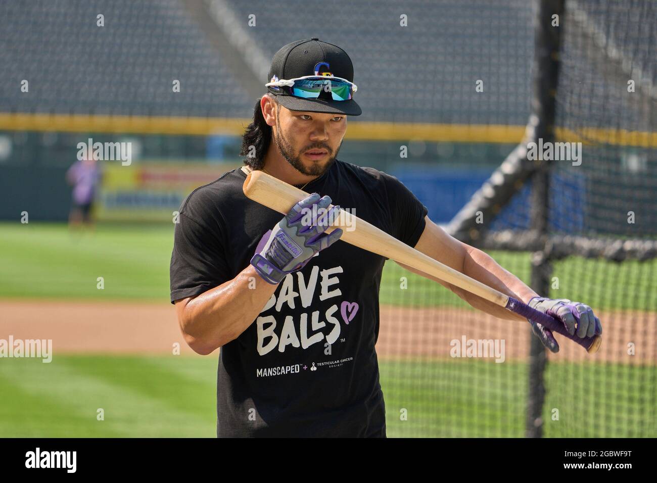August 4 2021: Colorado Rockies outfielder Connor Joe (9) during batting  practice before the game with Colorado Rockies held at Coors Field in  Denver Co. David Seelig/Cal Sport Medi(Credit Image: © David