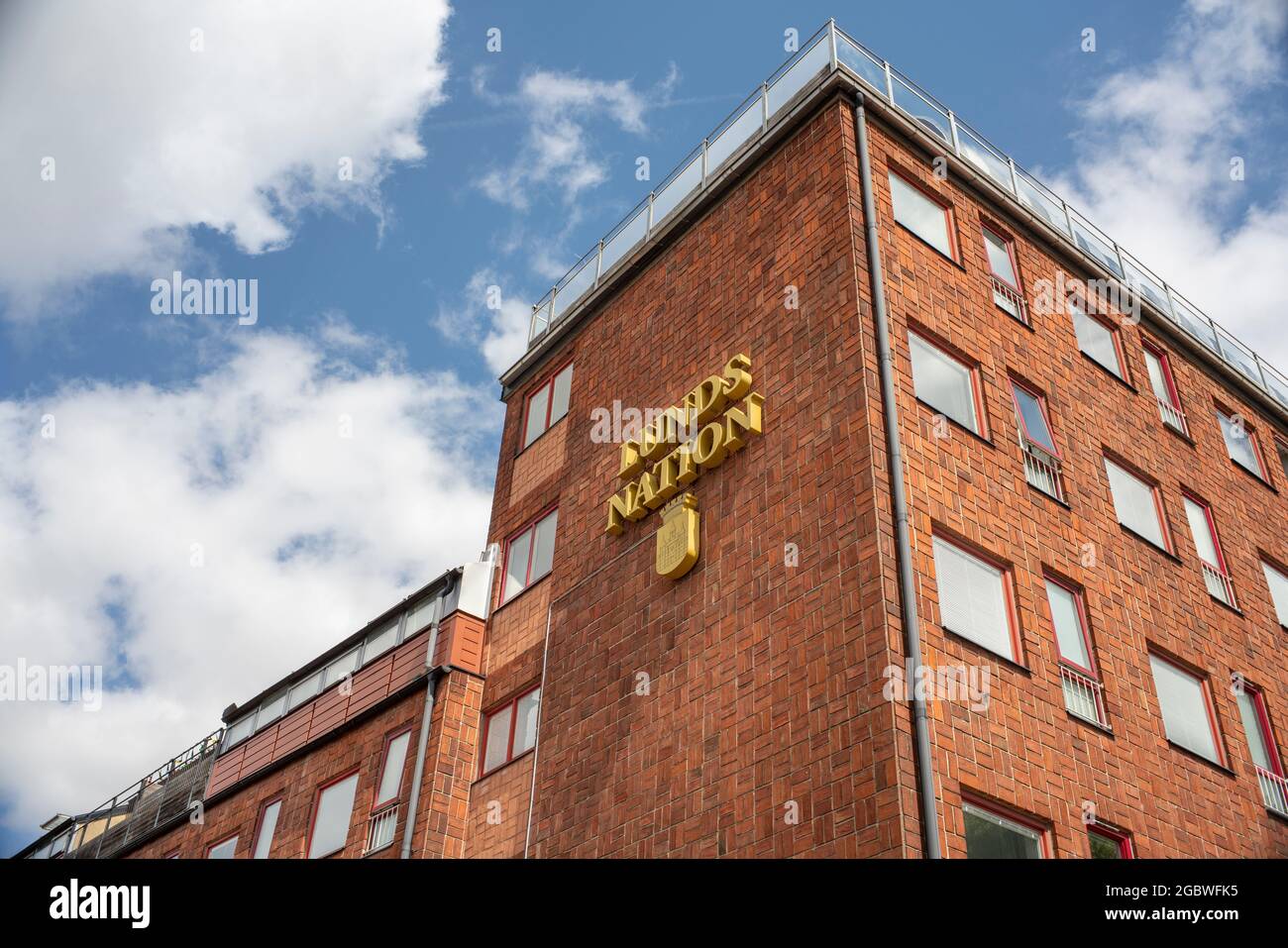 Lund University nations building, brick facade with Logotype in Lund Stock Photo Alamy