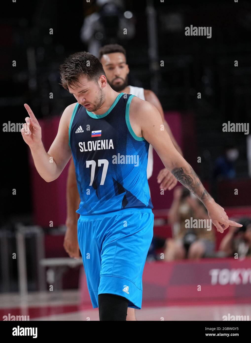 Saitama, Japan. 5th Aug, 2021. Luka Doncic of Slovenia celebrates after  scoring during the men's basketball semifinal between France and Slovenia  at Tokyo 2020 Olympic Games in Saitama, Japan, Aug. 5, 2021.