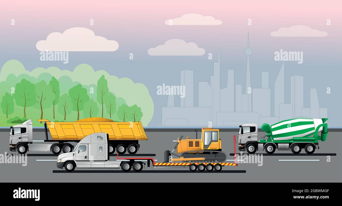 The movement of construction equipment on the road outside the city ...