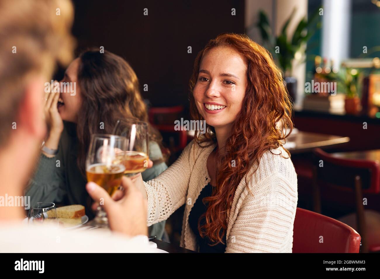 Woman toasting wine at dinner Stock Photo
