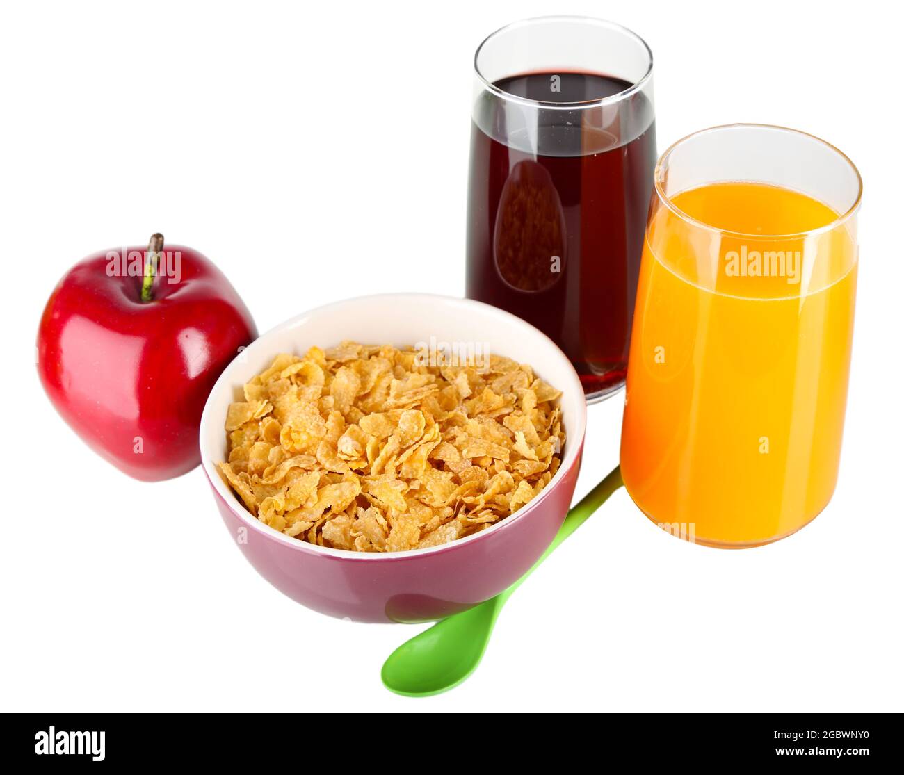 Delicious and healthy cereal in bowl with juice and fruit isolated on