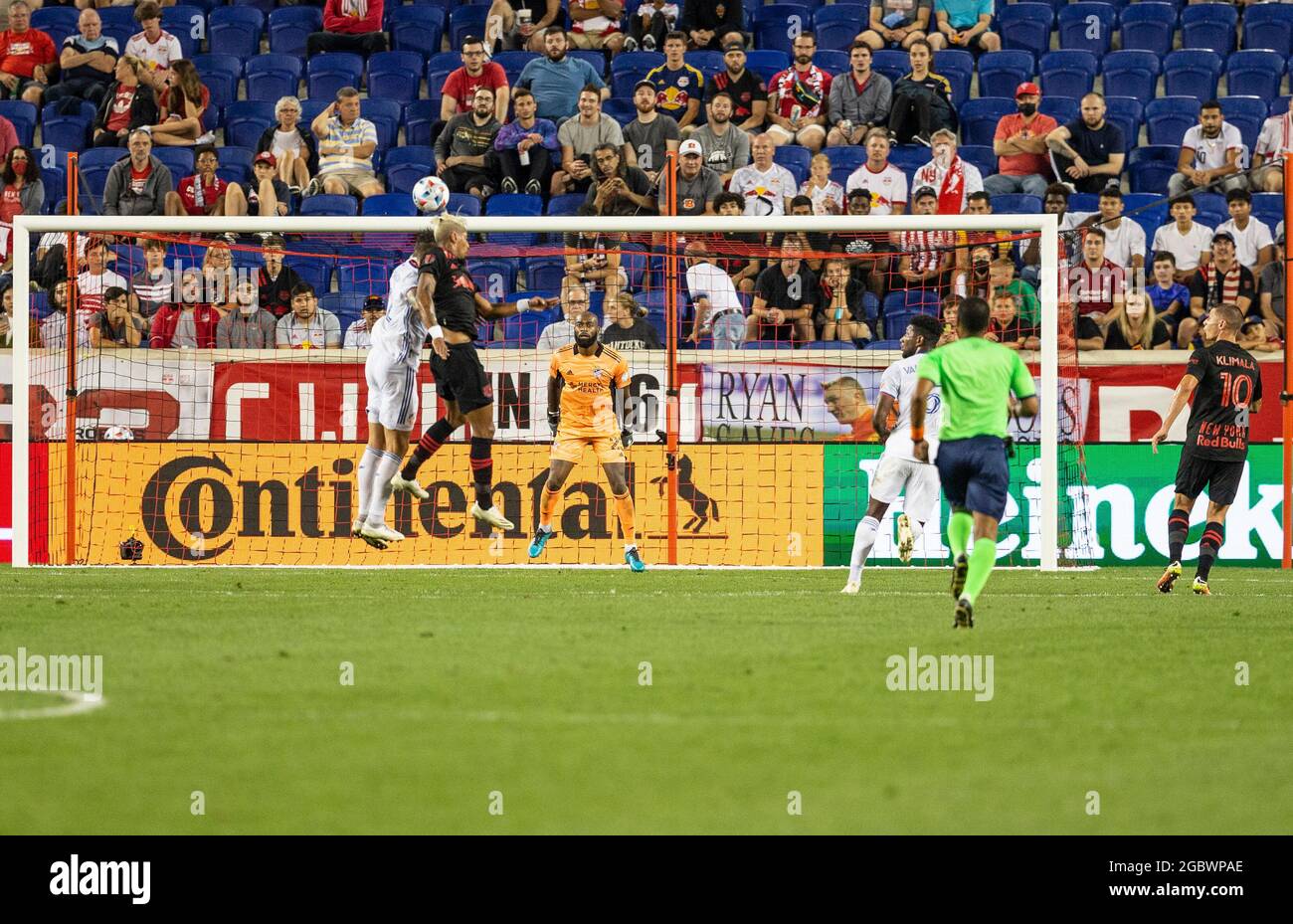Harrison, NJ - August 4, 2021: Fabio (9) of Red Bulls and Geoff Cameron (12) of FC Cincinnati fight for ball during regular MLS game at Red Bull Arena Stock Photo