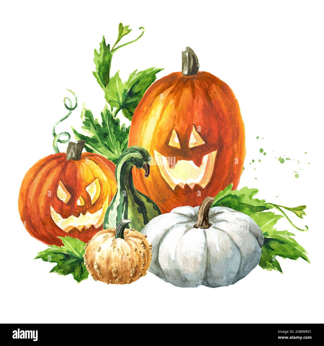 Halloween pumpkins . Hand drawn watercolor illustration, isolated on ...