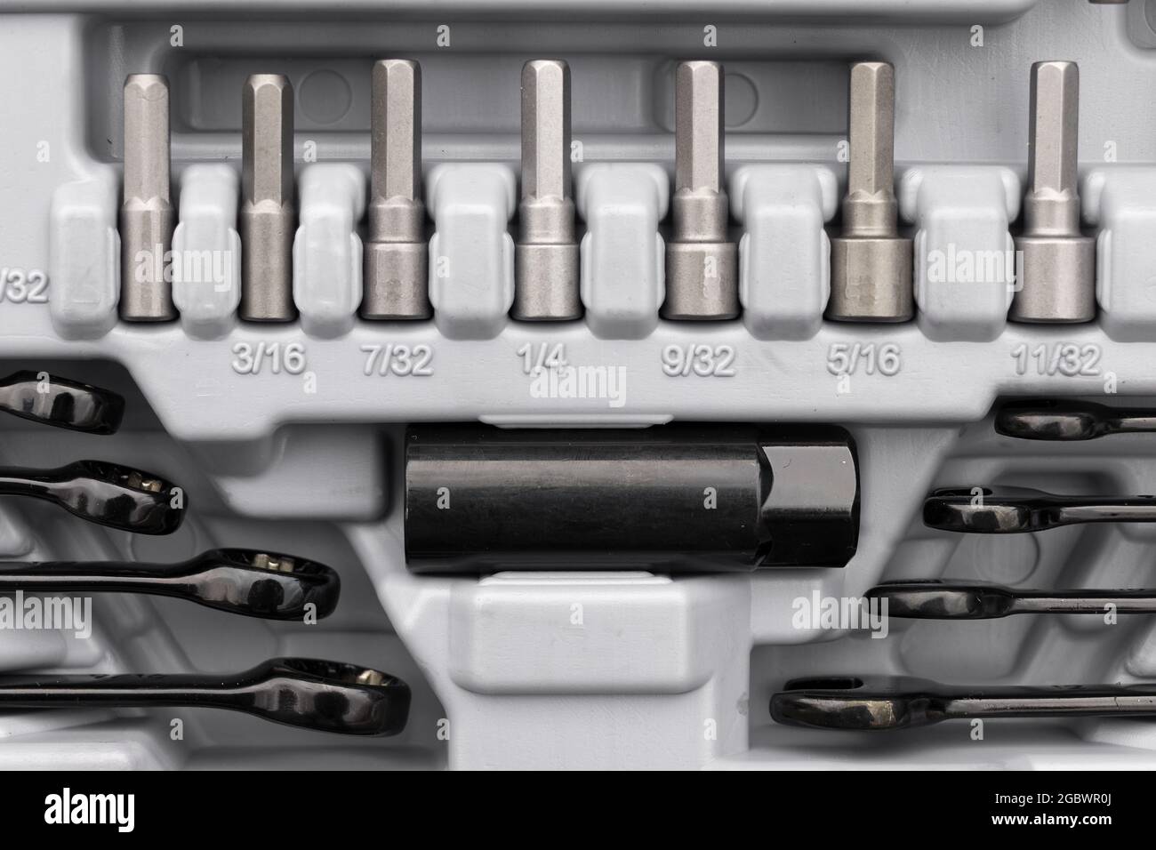Closeup shot of sockets in a tool kit Stock Photo