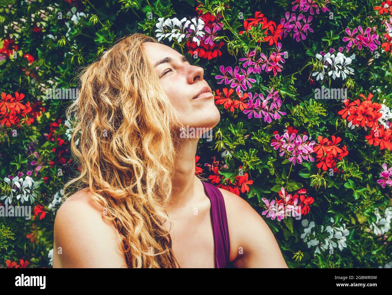 beautiful background with muscat flowers and woman face. Stock Photo