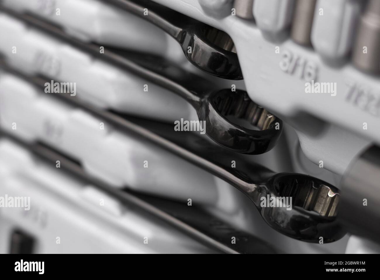 Closeup shot of wrenches in a tool set Stock Photo
