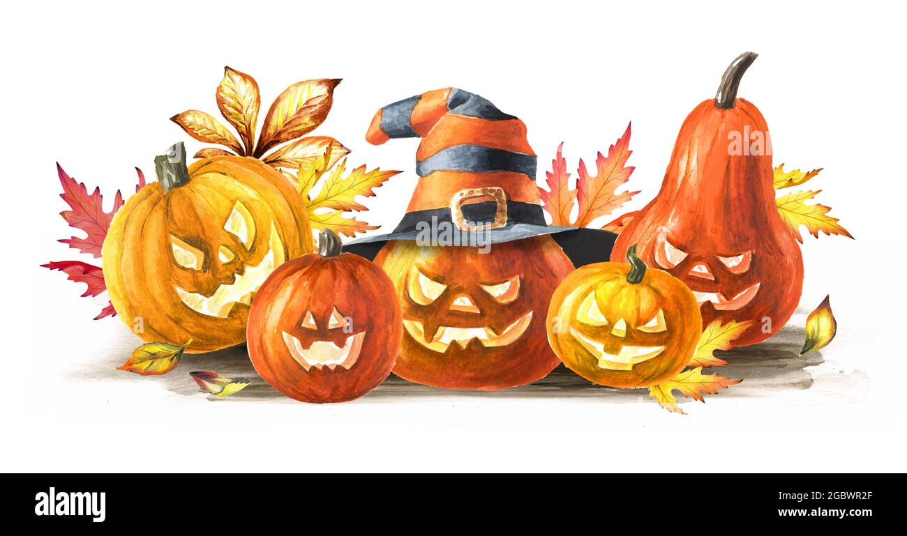 Halloween pumpkins . Hand drawn watercolor illustration, isolated on ...