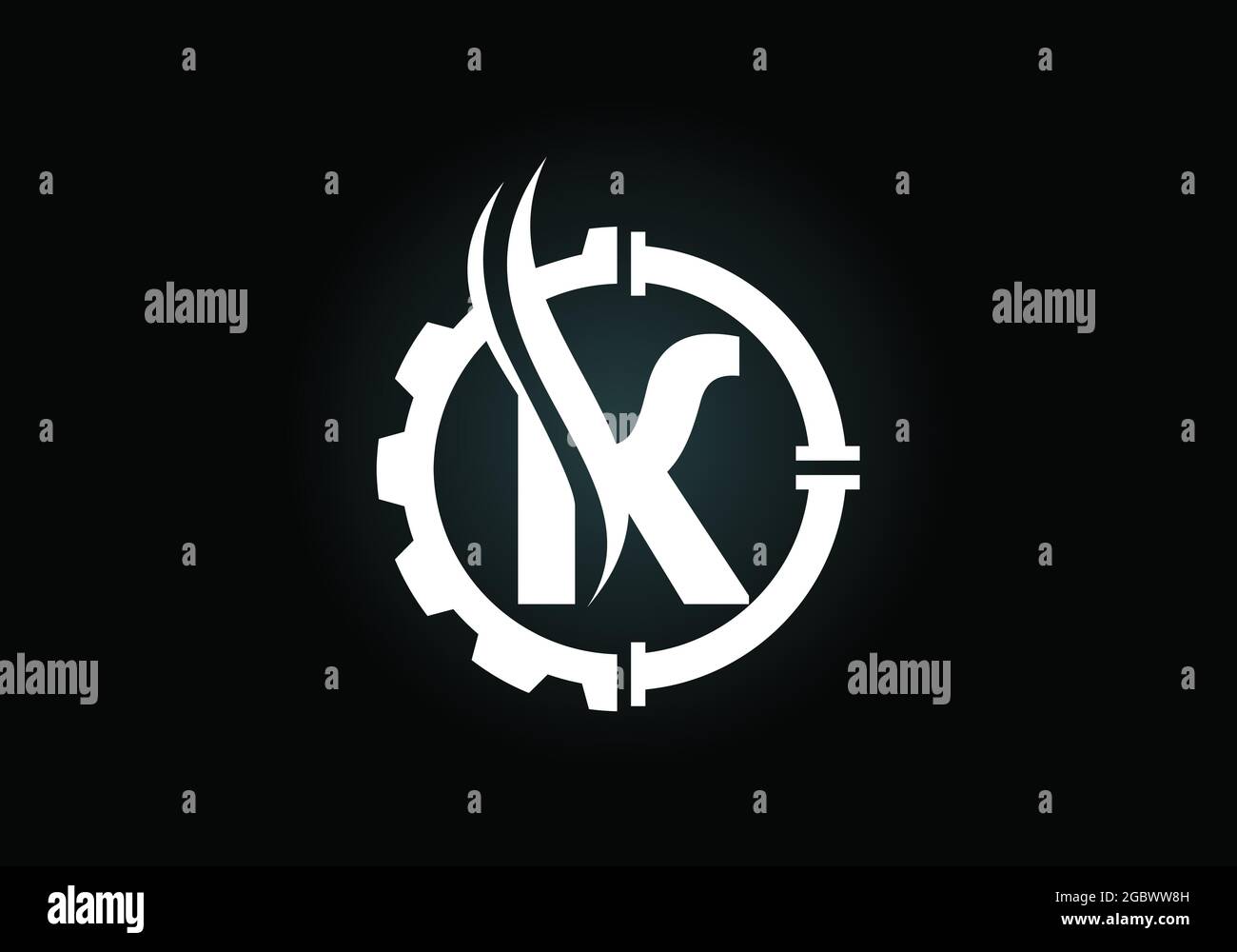 Initial K monogram alphabet with gear pipe and flame. Oil and gas logo