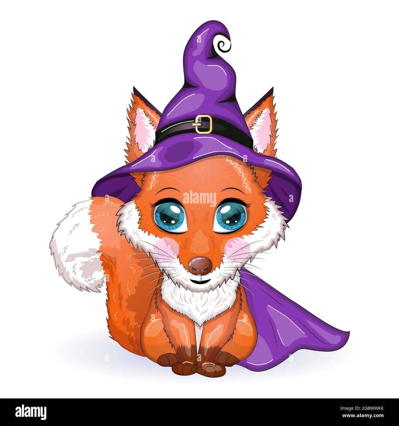 Cartoon fox in a purple witch hat and 